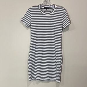 Gray & White Striped Short Sleeved Summer Dress By Poof New York. Size Medium.